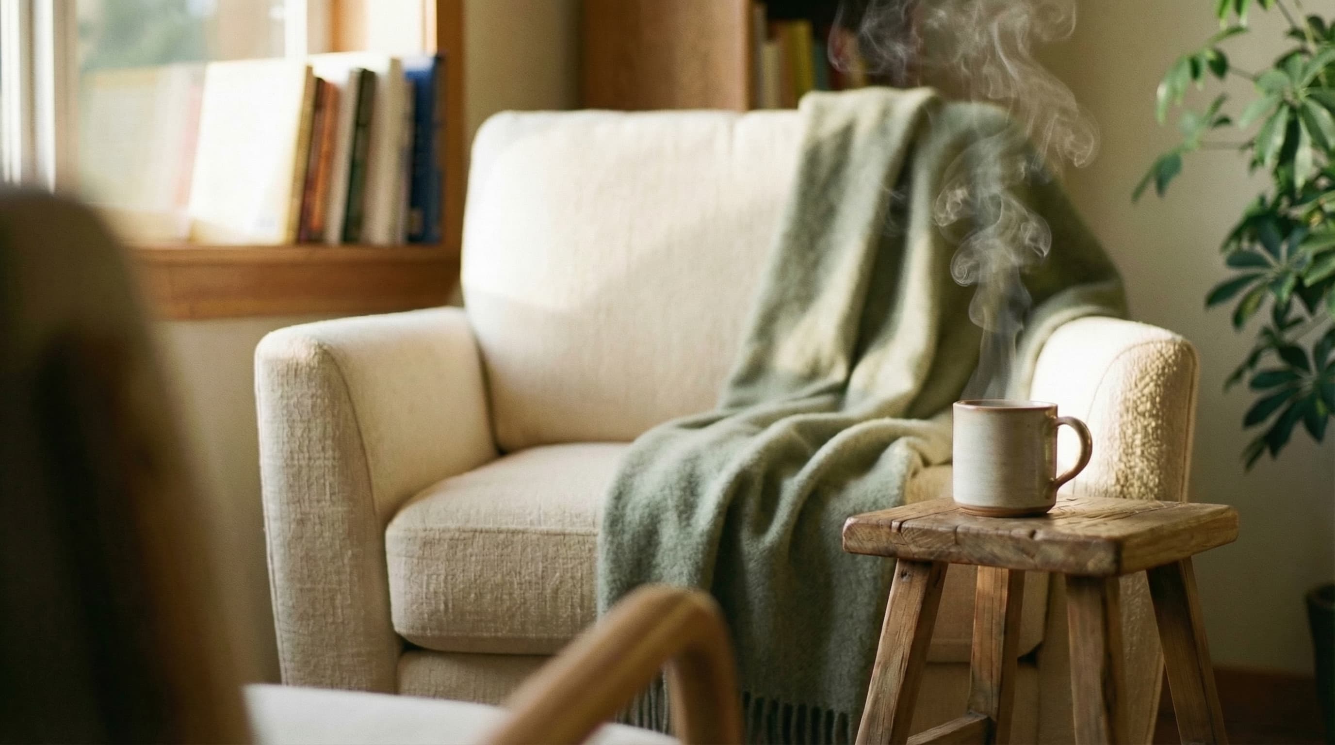 Ann's empty chair with a sage blanket and steaming mug of tea, waiting