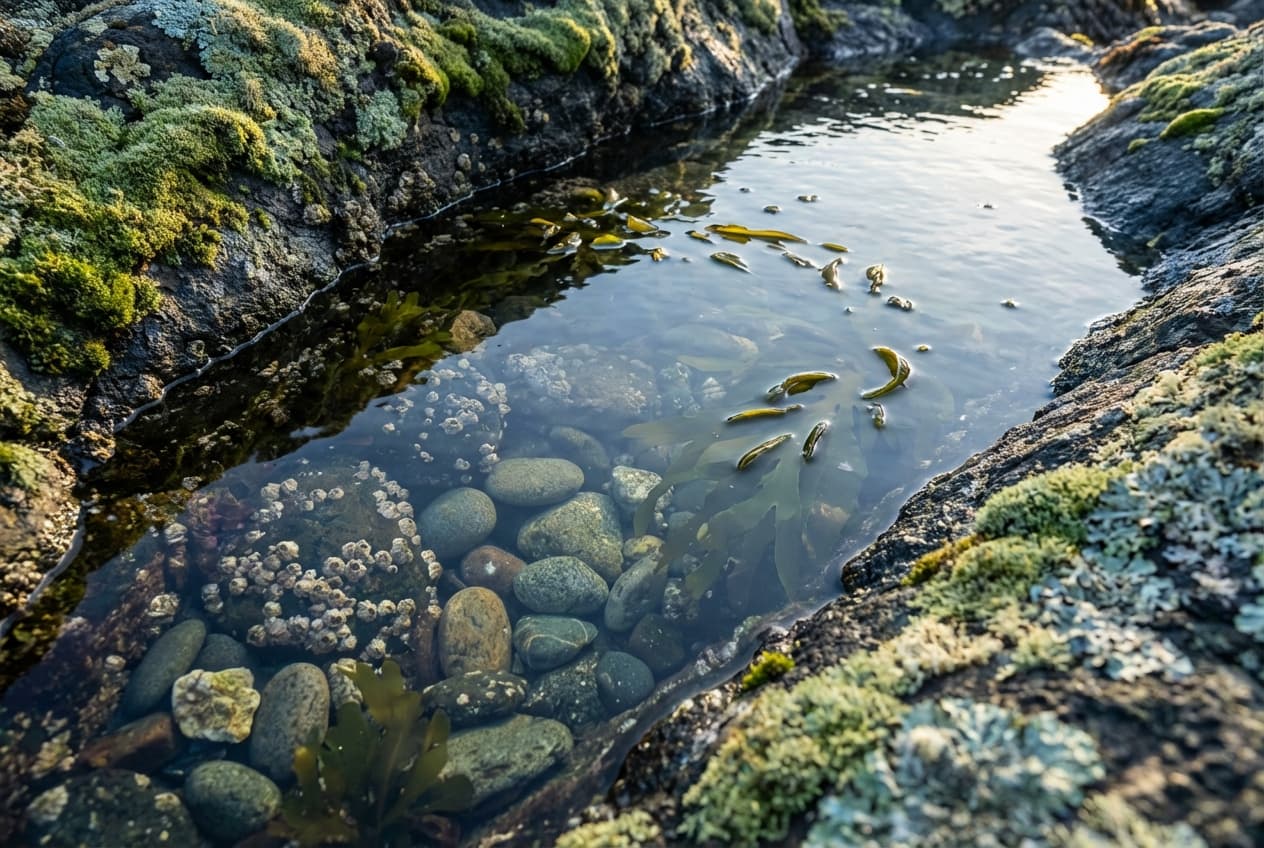 A BC coastal tide pool with smooth stones and kelp visible through still clear water