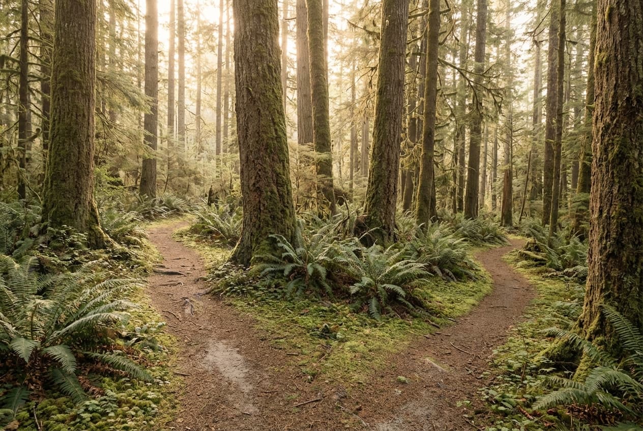 A gentle fork in a forest trail through Vancouver Island old growth, both paths equally inviting