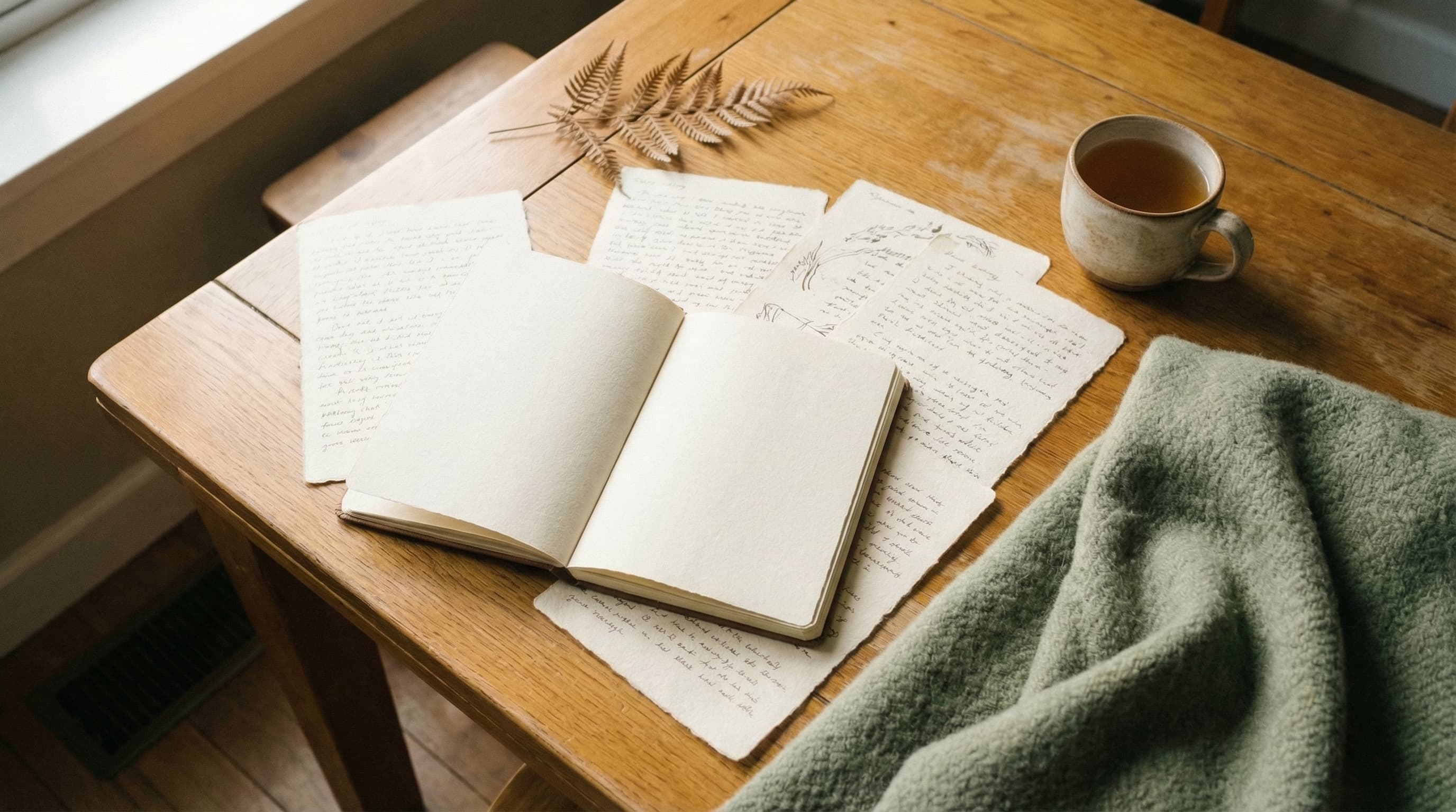 An open journal with blank pages on a warm oak table, loose handwritten notes nearby, a mug of tea, and a sage blanket