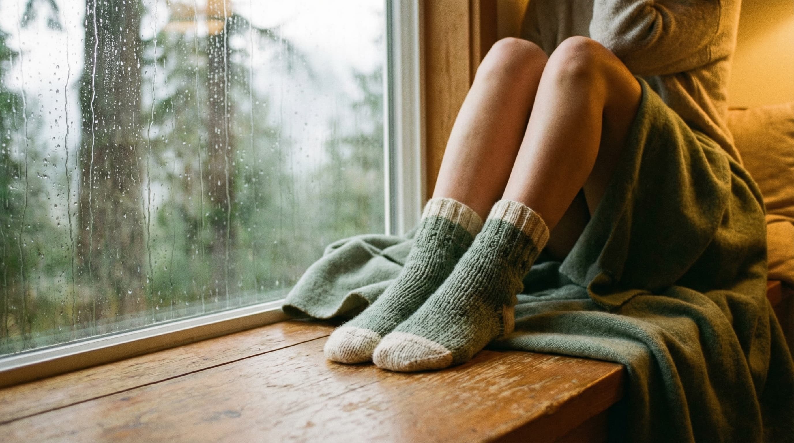 A person huddled on a window seat in woollen socks and a sage blanket, rain on the glass, trees outside